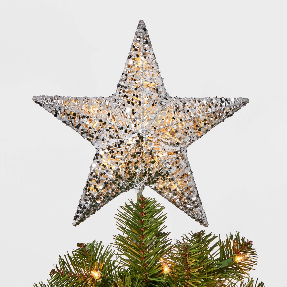 10in LED Lit Sequin Wrapped Star Tree Topper Silver - Wondershop