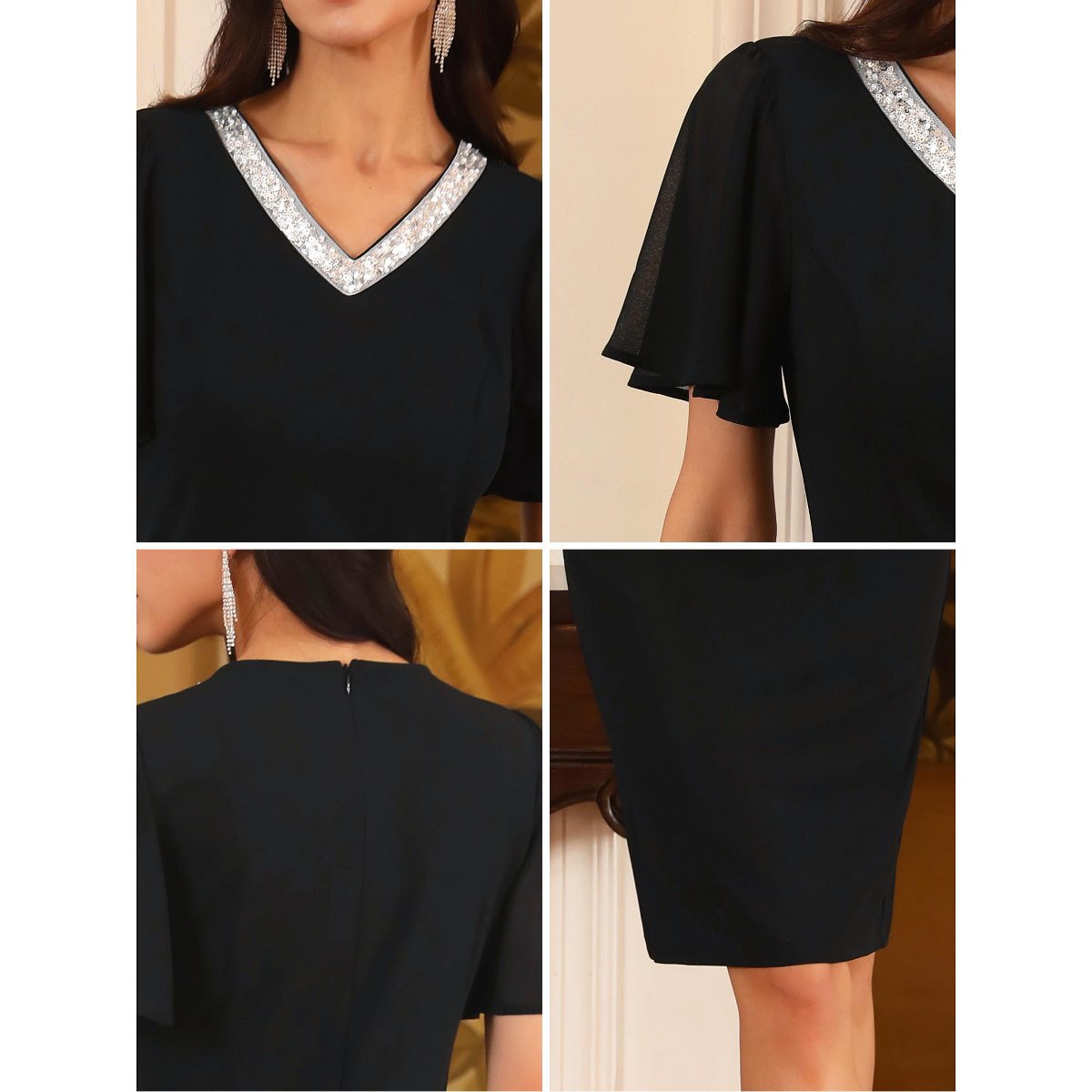 Женские платья INSPIRE CHIC Women's Flare Sleeve V Neck Formal Cocktail Midi Dress Black Medium — фото 5