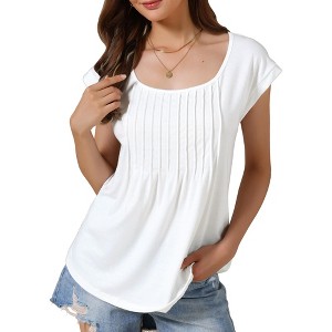 INSPIRE CHIC Women's Short Sleeve Pleated Front Dressy Round Neck Summer Casual Blouses - 1 of 4
