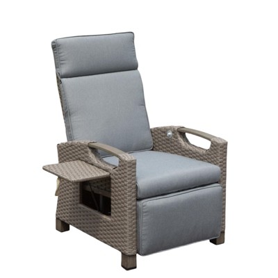 Fontoi Accent Chairs, Recliner Chair with Ratten Frame and Removable Cushion, Lounge Chair with Flip Table for Garden, Gray, 28.78"*41.89"*32.8"