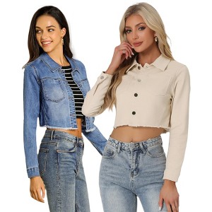INSPIRE CHIC Women's Turn Down Frayed Button Down Washed Cropped Denim Jacket 2 Packs - 1 of 4