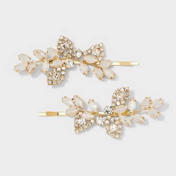 Leaf Stone Cluster Hair Pin 2pc Set - Gold