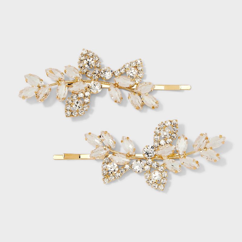 Leaf Stone Cluster Hair Pin 2pc Set - Gold, 1 of 3