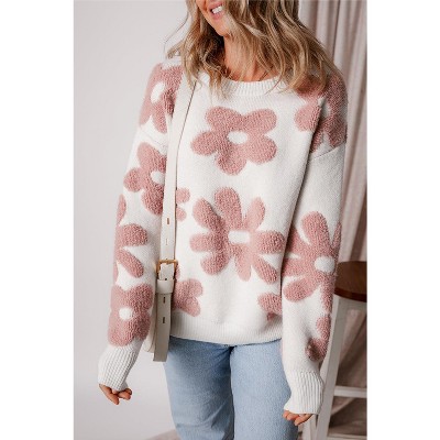I AM A FASHION JUNKY White Vintage Flower Drop Shoulder Loose Sweater