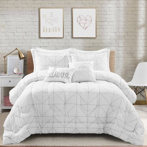 Trio Geo Metallic Print Comforter, Light Grey Bedding Set