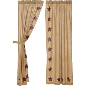 Burlap w/Burgundy Stencil Stars Panel Set of 2 84x40  VHC Brands - 1 of 4