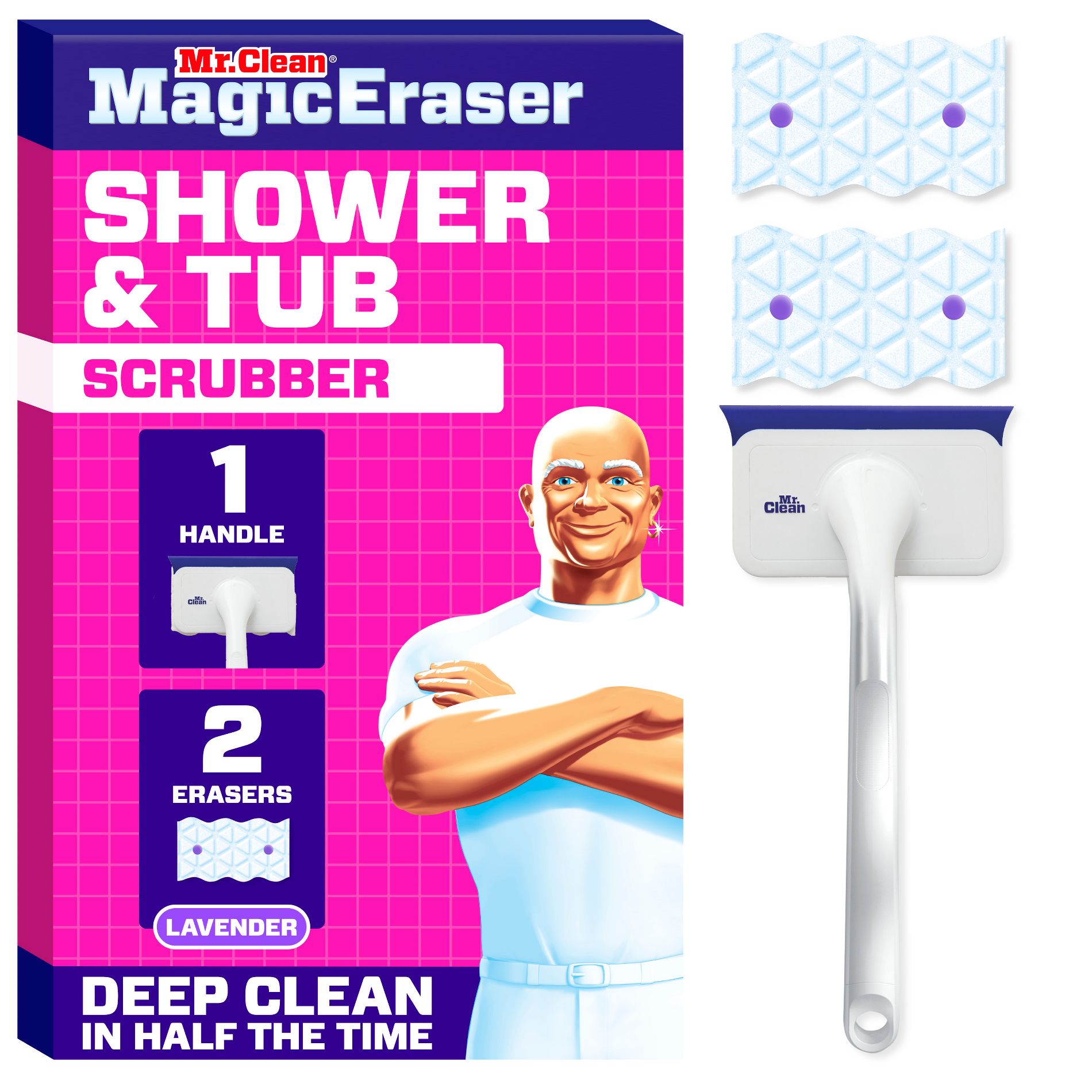 Mr. Clean Magic Eraser Shower & Tub Scrubber, Lavender Starter Kit, 1 Scrubber & 2 Erasers: Foam Cleaner, Multipurpose Application