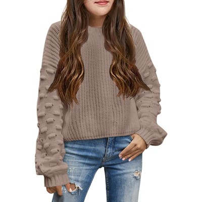 Girls Crewneck Knit Pullover Sweaters Long Lantern Sleeve Oversized Knit Cute Jumper Tops