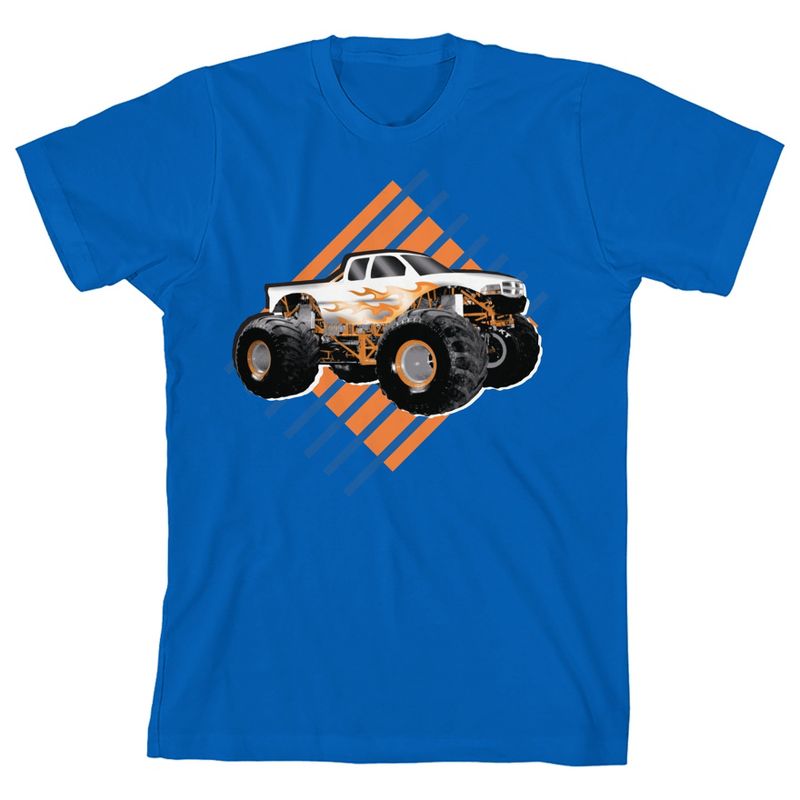 Monster Truck and Flames Background Youth Royal Blue Short Sleeve Crew Neck Tee, 1 of 3