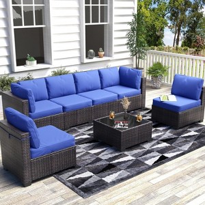 7-Piece Outdoor Wicker Sectional Set - Includes sofa & coffee table with cushions for patio, garden, balcony & porch - 1 of 4