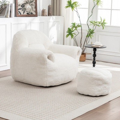 Faux Fur Bean Bag Chair with Footstool,Comfy Bean Bag Sofa for Adults and Kids,Stuffed Bean Bag Chair for Living Room,Reading Room-Coolbibila