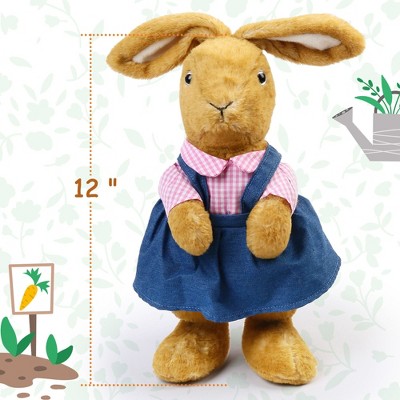 12" Brown Bunny Plush Toys with Denim Outfits, 2 Pack