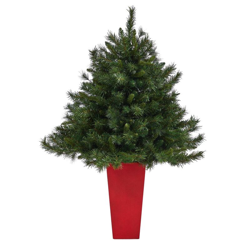 Nearly Natural 4.5-ft Wyoming Mixed Pine Artificial Christmas Tree with 250 Clear Lights and 462 Bendable Branches in Red Tower Planter, 1 of 7