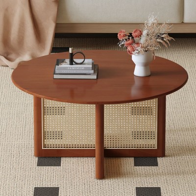 Cozy Minimalist Coffee Table,Rattan Rectangular Solid Wood Coffee Table, Side Table With Crossed Legs Center Table Tea Table-Cuddlewood