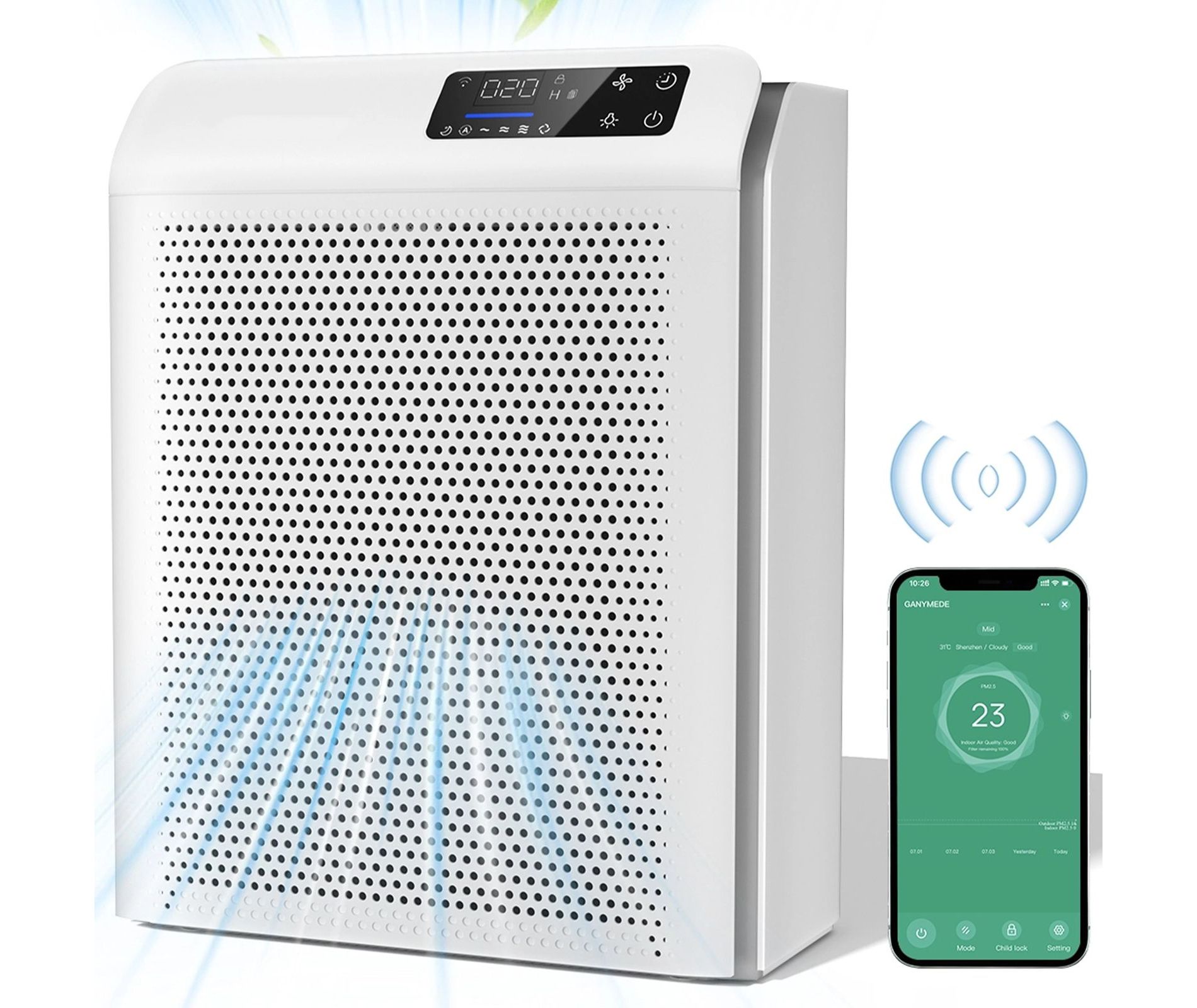 Teendow Smart Air Purifier with APP, LED Touch Panel, PM2.5 Air Quality Monitor, 6 Speeds,2200 sq FT