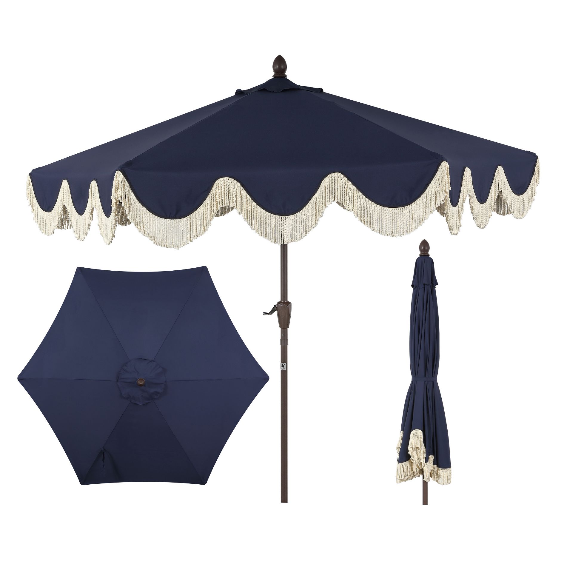 JONATHAN Y Collins 9 ft. Classic Cottage Tassel Market Patio Umbrella with Auto-Tilt, Crank, Wind Vent and UV Protection in Navy/Cream