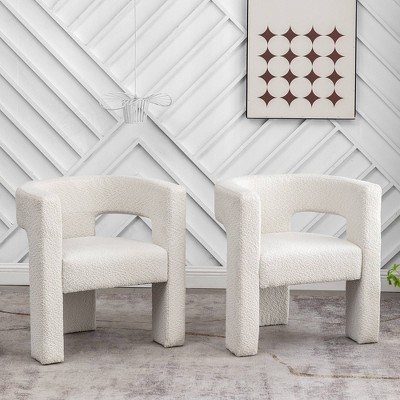 Set of 2 Cream Boucle Barrel Accent Chairs with Wood Frame