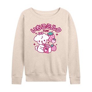 Women's - Instant Message - Kawaii Dog with Strawberry Milk Lightweight French Terry Wide Neck Long Sleeve Shirt - 1 of 4