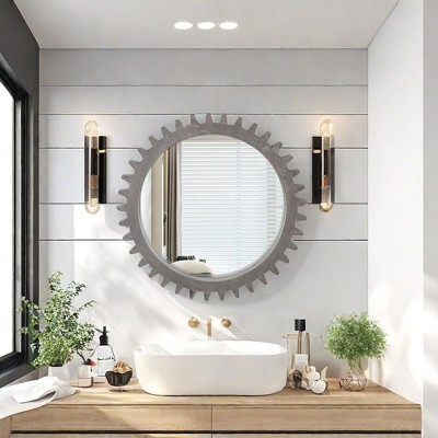 VYNXARIA Decorative Wall Mirrors - 34 Inch Vintage Gear Shape Round Mirror for Bathroom, Living Room, Entryway, Antique Dark Brown