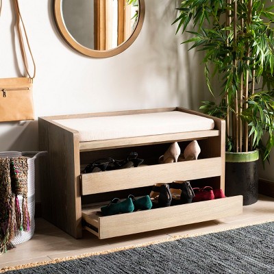 Percy Transitional 34'' Beige Linen and Rustic Oak Storage Bench