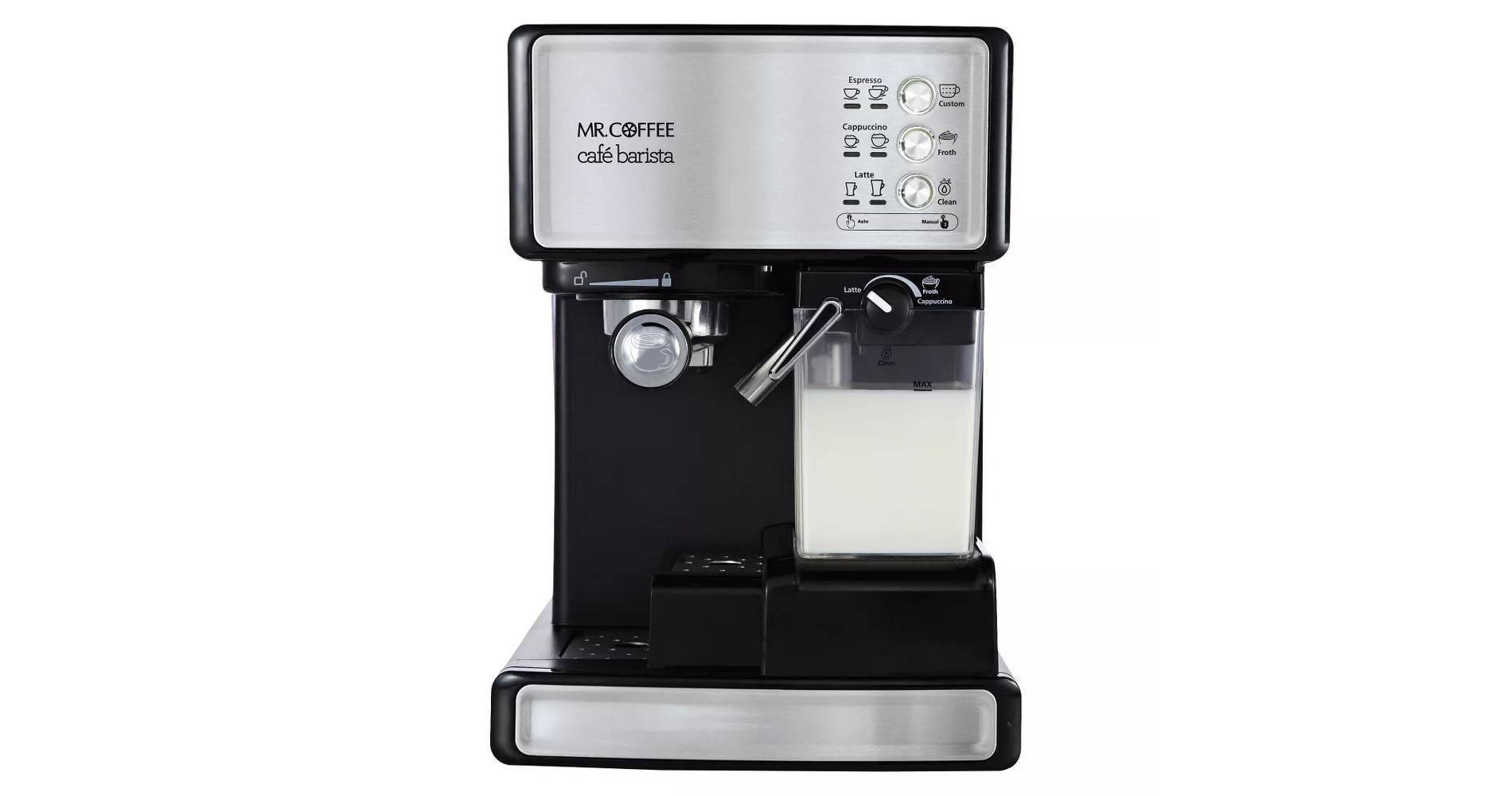 Mr. Coffee Programmable Espresso, Cappuccino, Coffee Maker with Automatic Milk Frother and 15-Bar Pump Stainless Steel Black: ECMP1000