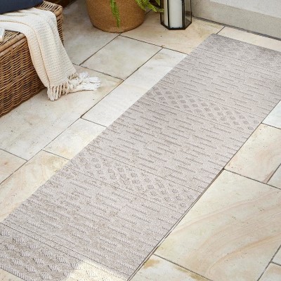 Ivory and Beige Geometric Synthetic Indoor/Outdoor Runner Rug