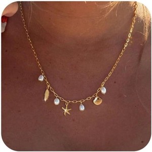14K Gold Plated Beach Charm Necklace, Dainty Shell & Moon/Star Pendant, Adjustable Paperclip Chain Summer Jewelry Gift - 1 of 4
