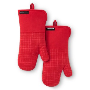 KITCHENAID Gourmet Series Gridlines Oven Mitts 2-Pack Set, Heat Resistant up to 600°F, Soft Silicone Grip, Magnetic Cuff, Passion Red, 7"x14" - 1 of 4