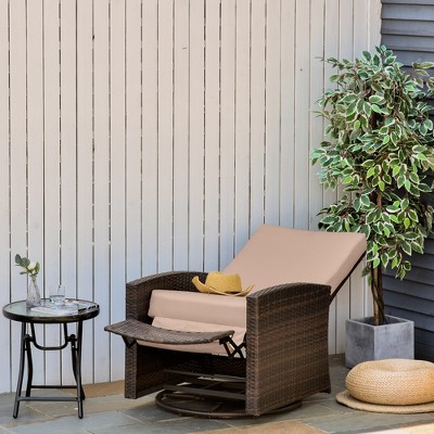 Khaki Wicker Outdoor Swivel Recliner with Cushions and Arms