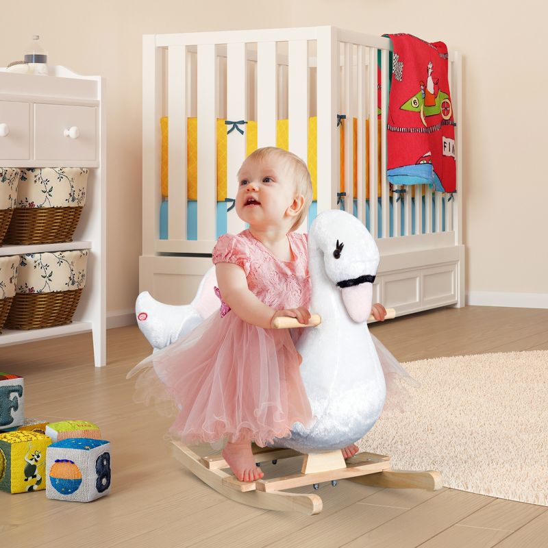 Qaba Kids Ride On Rocking Horse Plush Swan Style Toy with Music for Over 18 Months Children, White and Pink, 3 of 10