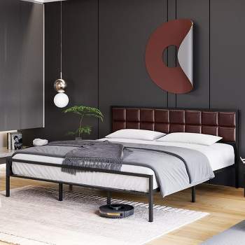 Faux Leather Platform Bed Frame with Upholstered Square Stitched Headboard