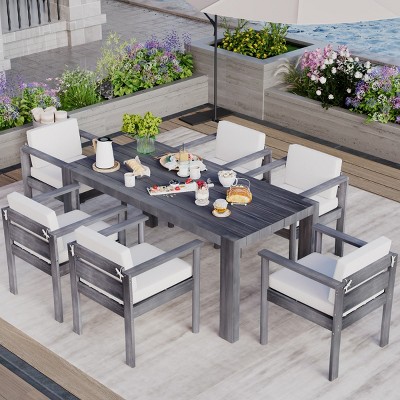 7-Piece Outdoor Dining Set, Acacia Wood Patio Table and Chairs for 6 with 72.8" Rectangle Table, Ideal for Backyard, Garden, Poolside – Cuddlewood
