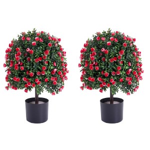 Artificial Rose Topiary Ball Tree Set of 2, Faux Potted Boxwood Topiary Plant, Green Topiary Ball with Flowers for Front Porch Backyard, 21 Inch - 1 of 4