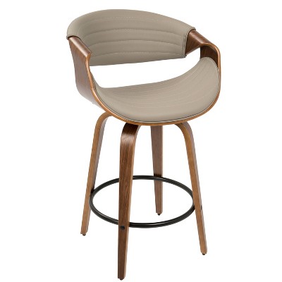 Set of 2 Gray Faux Leather Swivel Counter Stools with Walnut Wood