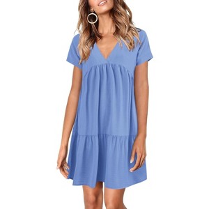 Imily Bela  Summer Flowy Babydoll Dress V Neck Short Sleeve Swing Mini Tunic Casual - 1 of 4