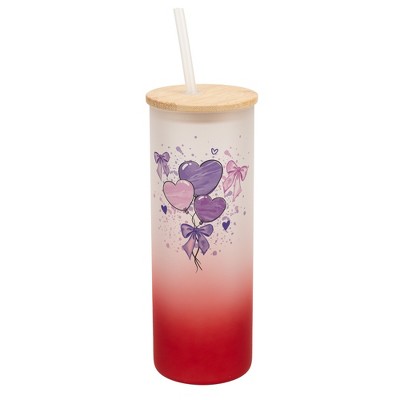 Elanze Designs 25 Ounce Frosted Glass Gradient Travel Tumbler With Straw and Wooden Lid, Heart Balloons Red