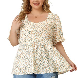 Agnes Orinda Women's Plus Size Floral Babydoll Peplum Waist Short Sleeve Blouses - 1 of 4