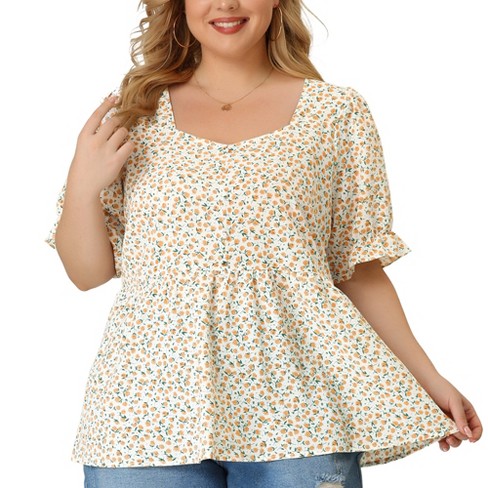 Unique Bargains Women's Plus Size Summer Ruffle Short Sleeve Tops Chiffon  Floral Blouse 3X Black 