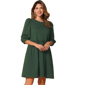 Allegra K Women's Scoop Neck Pocket Puff Sleeves Smocked Casual Midi Dress - 1 of 4