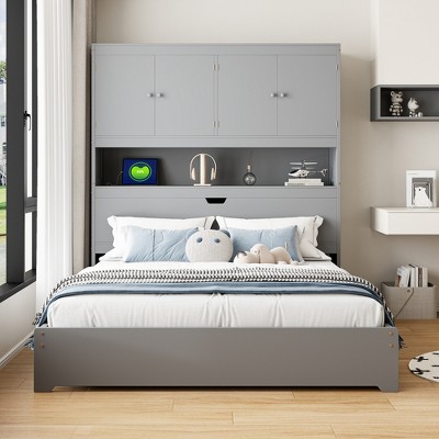 Full Size Platform Bed with USB, Storage Headboard and Drawers, White/Gray-ModernLuxe