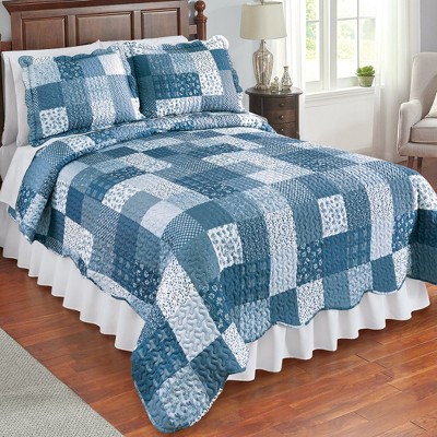Blue Multi Full Patchwork Quilt Set with Scalloped Edge
