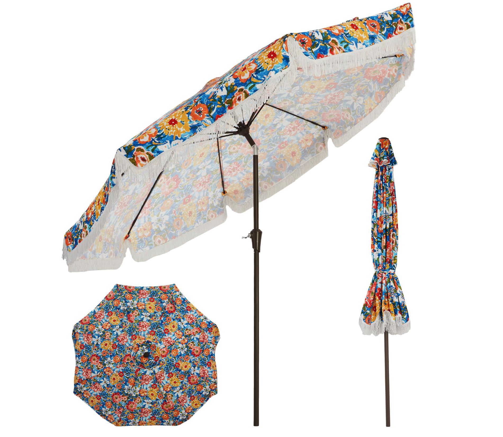 Fringe Patio Umbrella with Crank Handle, Push Button Tilt for Sun Shade, 8 Fiberglass Ribs, for Patio Beach Pool Backyard