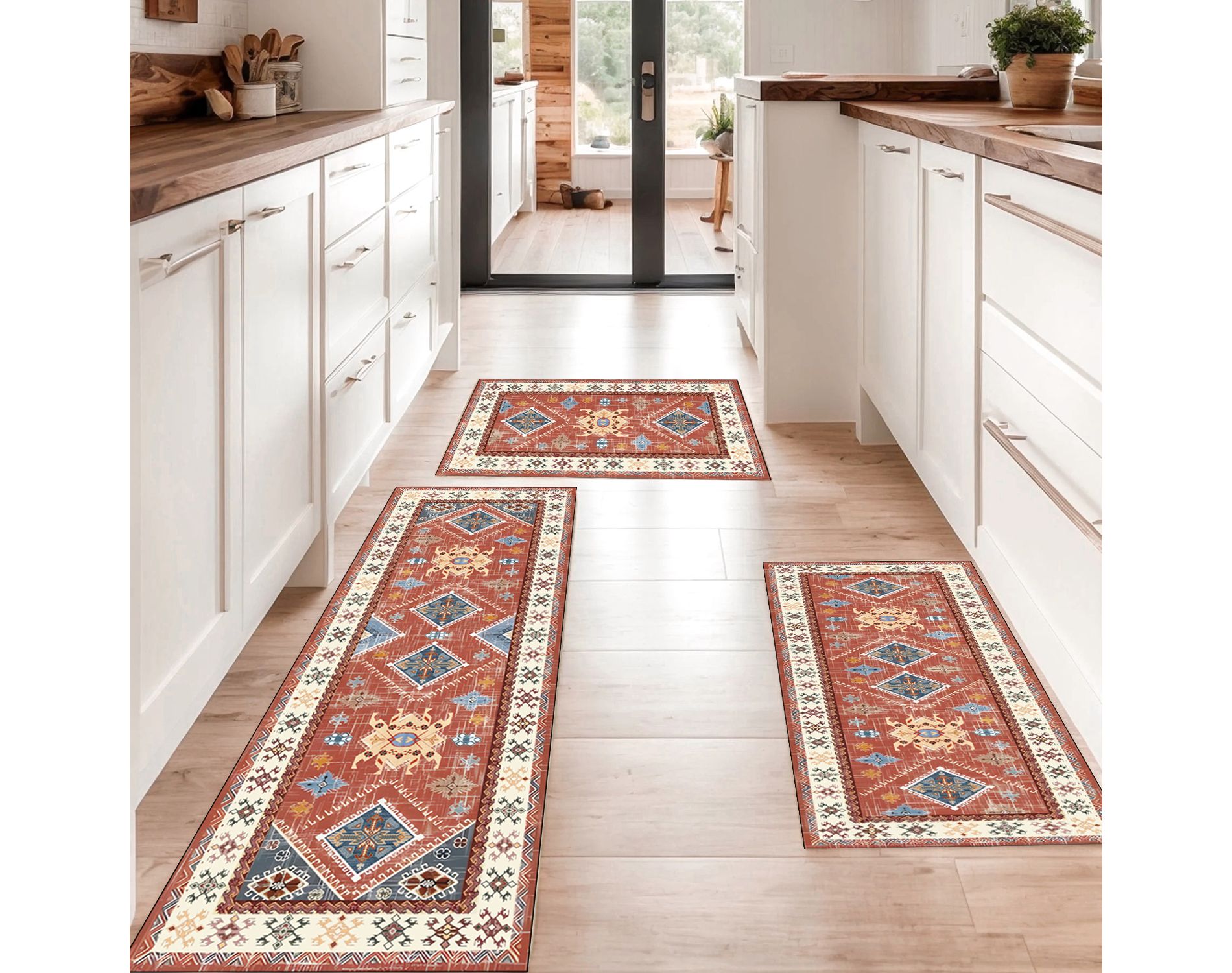 Boho Kitchen Rugs Set of 3 Washable Throw Rugs with TPR Backing Non Slip Floor Mats Farmhouse Carpet for Kitchen, Laundry Room, Hallway