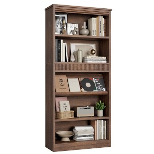 71" Farmhouse Bookcase w/ Double Fluted Design, 5 Tier Tall Bookshelf with Wooden Base, Rustic Vintage Wooden Bookshelf for Office Library - 1 of 4