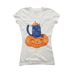Junior's Design By Humans Halloween Cat In A Pumpkin By wubbadub T-Shirt - 1 of 3