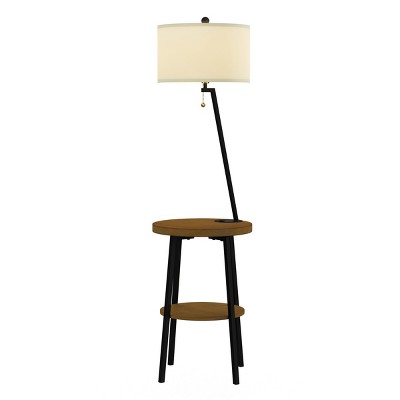 Mid-Century Modern Black Floor Lamp with USB Port and Storage Shelves
