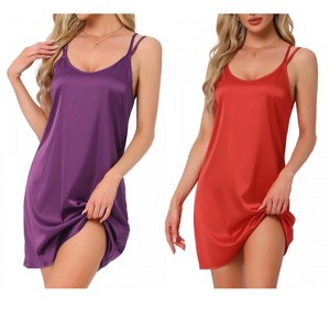 INSPIRE CHIC Women's 2 Pcs Double Strap Satin Nighty Chemise Slip Silky Sleep Camisole Dress - 1 of 4