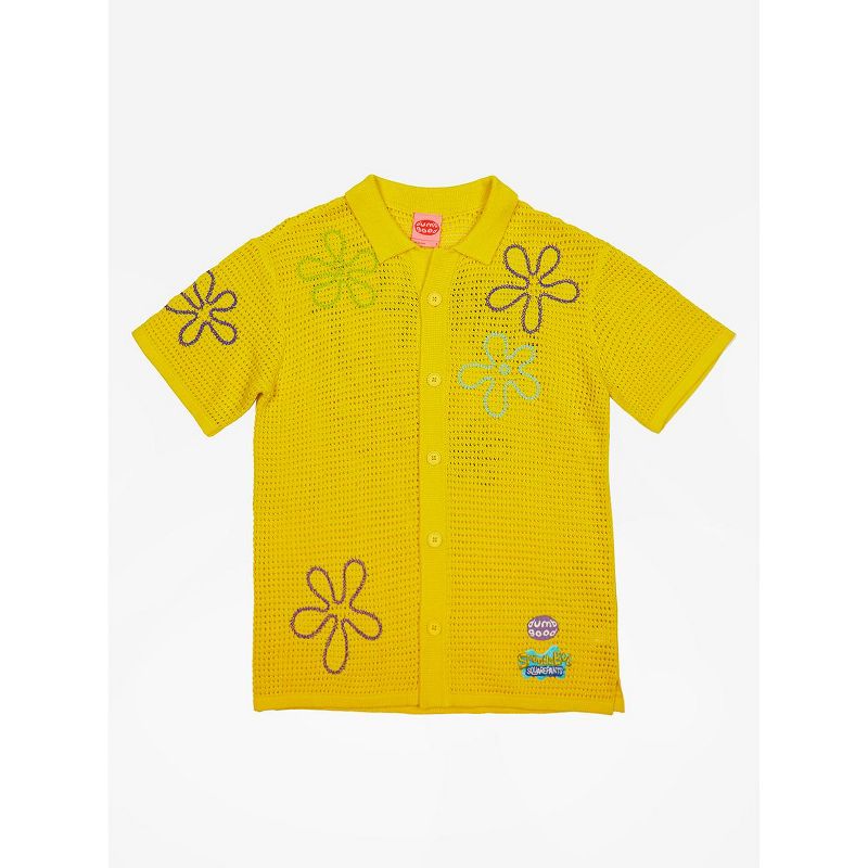 Spongebob Squarepants Barnacles Short Sleeve Yellow Mesh Camp Button-Down Shirt, 1 of 5