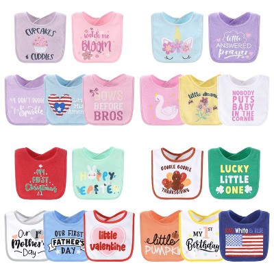 The Peanutshell Baby Girl Terry Bibs, 20 Pack for Feeding, Teething, or Drooling|Pastel Girl/Holiday