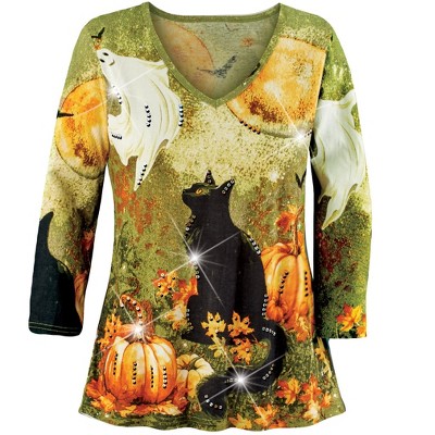 Collections Etc Ghostly Pumpkin Patch Sequin Accents Halloween Top